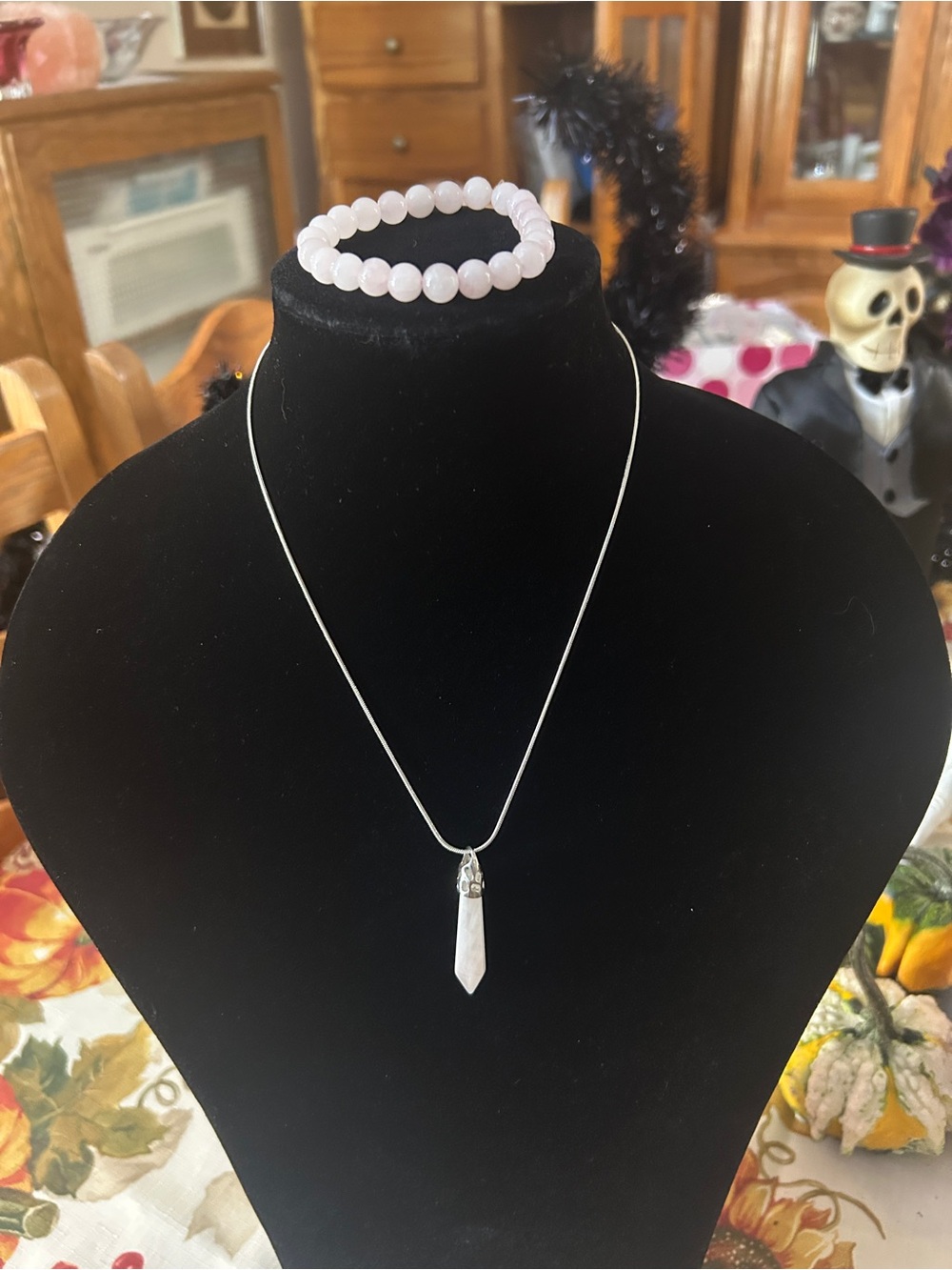Love and Peace Rose Quartz Bead Bracelet and Pendant Necklace Set - Pink